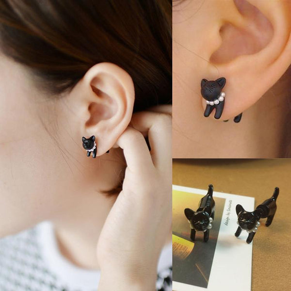 Black 3D  Cat Pearl Stud Earrings