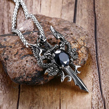 Stainless Steel Double Dragon Cross Sword Pendant Necklace