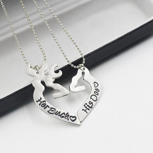 Her Buck His Doe Kissing Heart Couples Necklace Set