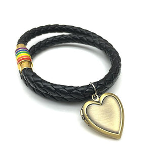 Rainbow Double Wrap Stainless Steel  Leather Bracelet with Heart Pendant Locket
