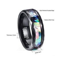 Black 8MM Abalone Shell & Polished  Faceted Tungsten Carbide Ring