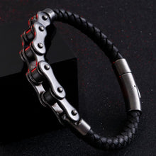21CM Stainless Steel Bike Chain Leather Rider Bracelet