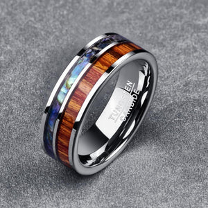 8MM Polished Acacia Wood and Shell Tungsten Carbide Ring