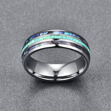 Blue Fire Opal & Shell Triple Inlay Tungsten Carbide Ring