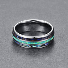 Blue Fire Opal & Shell Triple Inlay Tungsten Carbide Ring