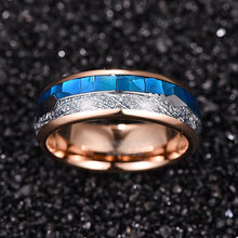 Rose Gold,Blue 8MM  Inlaid  Shell Meteorite Arrow Tungsten Carbide Ring