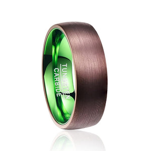 Brown 8MM Brushed Dome w-Inner Green Sleeve Tungsten Carbide Ring