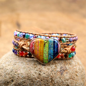 Seven Chakra Heart Stone Handmade Wrap Bracelet