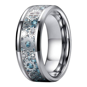 Blue 8MM Steampunk Gears Faux Carbon Fiber Inlay Tungsten Ring